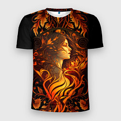 Мужская спорт-футболка Девушка в стиле ар-нуво с огнем и осенними листьям