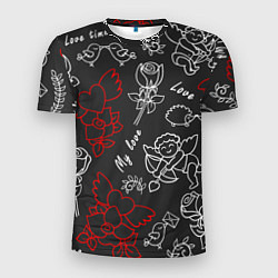 Мужская спорт-футболка Летающие сердца купидоны розы на черном фоне
