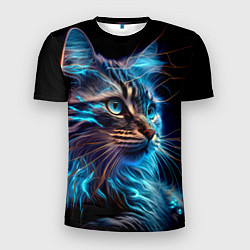 Мужская спорт-футболка Неоновый кот искрящий молниями