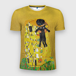 Мужская спорт-футболка Пародия Густав Климт: Поцелуй кота