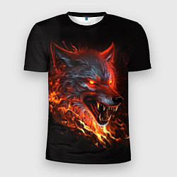 Мужская спорт-футболка Огненный злой волк с красными глазами