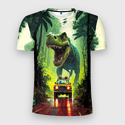 Мужская спорт-футболка Динозавр в погоне за машиной в джунглях