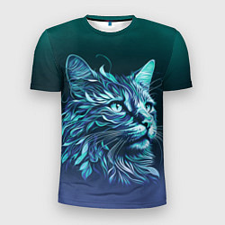 Мужская спорт-футболка Неоновый кот: фиолетовые и бирюзовые линии