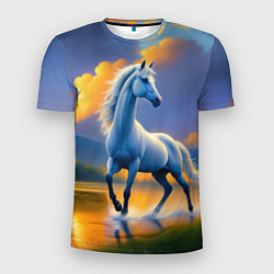 Мужская спорт-футболка Белая лошадь на рассвете