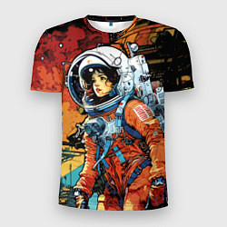 Мужская спорт-футболка Девушка космонавт в фантастическом городе