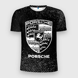 Мужская спорт-футболка Porsche с потертостями на темном фоне