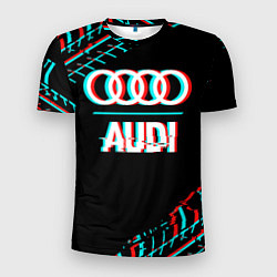 Футболка спортивная мужская Значок Audi в стиле glitch на темном фоне, цвет: 3D-принт