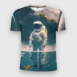 Мужская спорт-футболка Космонавт в воде на другой планете