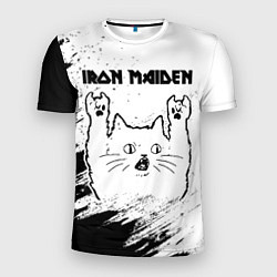 Мужская спорт-футболка Iron Maiden рок кот на светлом фоне