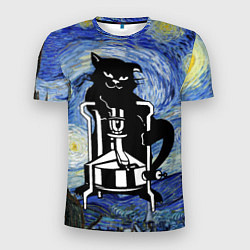 Мужская спорт-футболка Кот Бегемот на примусе в Звездной ночи