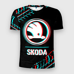 Мужская спорт-футболка Значок Skoda в стиле glitch на темном фоне