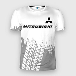 Мужская спорт-футболка Mitsubishi speed на светлом фоне со следами шин: с