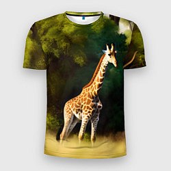 Мужская спорт-футболка Жираф на фоне деревьев