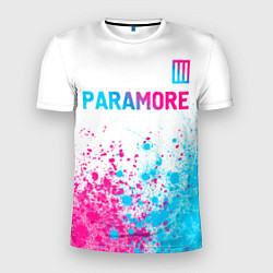 Мужская спорт-футболка Paramore neon gradient style: символ сверху