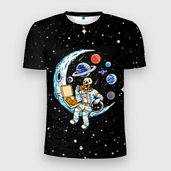 Мужская спорт-футболка Skeleton astronaut eats pizza while sitting on the