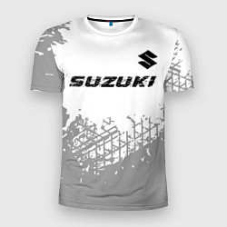 Мужская спорт-футболка Suzuki speed на светлом фоне со следами шин: симво