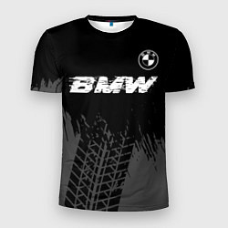 Мужская спорт-футболка BMW speed на темном фоне со следами шин: символ св