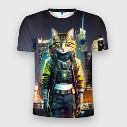 Мужская спорт-футболка Cool cat in New York city at night