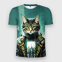Мужская спорт-футболка Funny cat on the background of skyscrapers