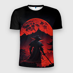 Мужская спорт-футболка Самурай, деревня и луна - мрачный