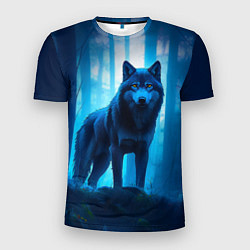 Мужская спорт-футболка Волк в ночном лесу