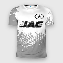 Мужская спорт-футболка JAC speed на светлом фоне со следами шин: символ с