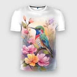 Мужская спорт-футболка Колибри и цветы - акварель