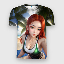 Футболка спортивная мужская Девушка с рыжими волосами на пляже, цвет: 3D-принт