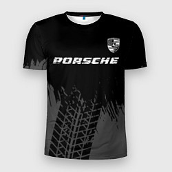 Мужская спорт-футболка Porsche speed на темном фоне со следами шин: симво