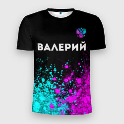 Мужская спорт-футболка Валерий и неоновый герб России: символ сверху