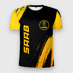 Мужская спорт-футболка Saab - gold gradient: надпись, символ