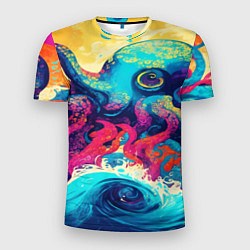 Мужская спорт-футболка Разноцветный осьминог на волнах красок