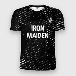 Футболка спортивная мужская Iron Maiden glitch на темном фоне: символ сверху, цвет: 3D-принт