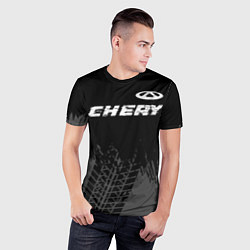 Футболка спортивная мужская Chery speed на темном фоне со следами шин: символ, цвет: 3D-принт — фото 2