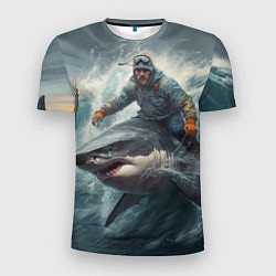 Мужская спорт-футболка Мужчина верхом на акуле