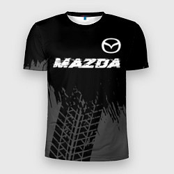 Мужская спорт-футболка Mazda speed на темном фоне со следами шин: символ
