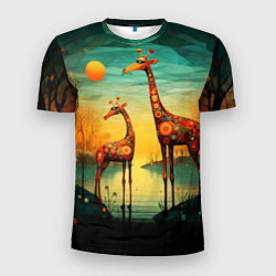 Мужская спорт-футболка Жирафы в стиле фолк-арт