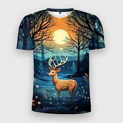 Мужская спорт-футболка Олень в ночном лесу фолк-арт
