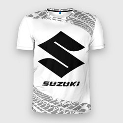 Мужская спорт-футболка Suzuki speed на светлом фоне со следами шин