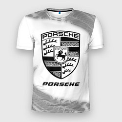 Мужская спорт-футболка Porsche speed на светлом фоне со следами шин