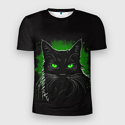Мужская спорт-футболка Портрет черного кота в зеленом свечении