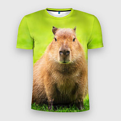 Мужская спорт-футболка Capybara on green grass