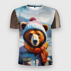 Мужская спорт-футболка Бурый медведь в зимней одежде
