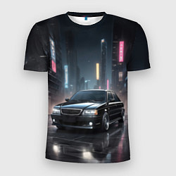 Мужская спорт-футболка Черный автомобиль в ночном городе