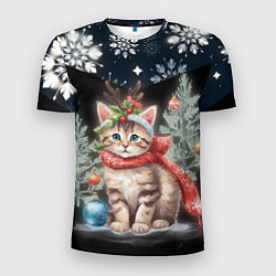 Мужская спорт-футболка Новогодний котик у ёлок в шарфе горы в снежинках