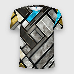 Мужская спорт-футболка Серые квадраты с голубой вставкой