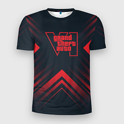 Мужская спорт-футболка Красный символ GTA6 на темном фоне со стрелками