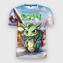 Мужская спорт-футболка Снежный зимний дом с драконом