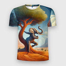 Мужская спорт-футболка Слон занимается йогой возле дерева