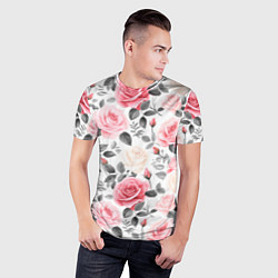 Футболка спортивная мужская Розовые розы и серые листочки - паттерн, цвет: 3D-принт — фото 2